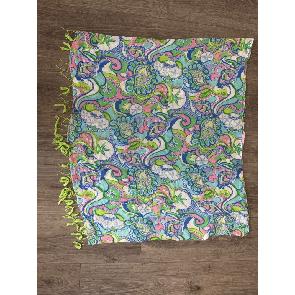 Lilly Pulitzer Scarf OS Blue Pink Paisley Tassel Trim Preppy Beach Resortwear